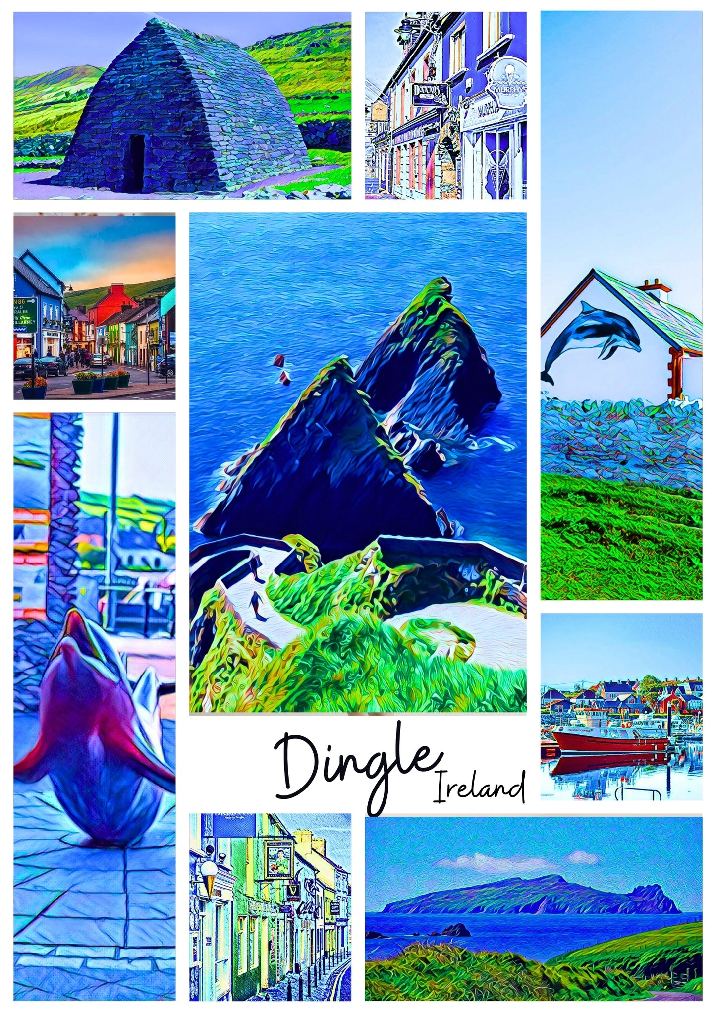 🌟 Your Scrapbook of Dingle Adventures – All in One Poster! 🌊
Imagine a poster like a vibrant scrapbook of Dingle’s greatest hits, each snapshot capturing the playful and unforgettable spirit of the Dingle Peninsula.
✨ At the top, an awe-inspiring aerial view stretches across the poster, revealing emerald-green hills rolling into the deep blue Atlantic, setting the tone for exploration and adventure.
🏘️ Below, snapshots of Dingle’s lively Main Street showcase colorful buildings buzzing with locals.