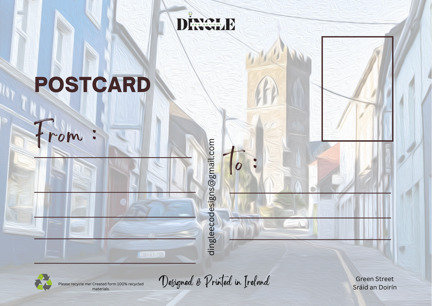 🌿 Green Street, Dingle – A Sustainable Celebration of Dingle's Beauty 🌿
At Dingle Eco Designs, we’re dedicated to reducing our carbon footprint 🌍 by choosing recyclable materials ♻️ and adopting environmentally conscious practices 🌱. This Green Street, Dingle postcard captures the vibrant charm of one of Dingle’s most beloved streets, offering a glimpse into the breathtaking beauty of the Dingle Peninsula 🌊.
🌟 Celebrate Nature, Preserve the Planet 🌟