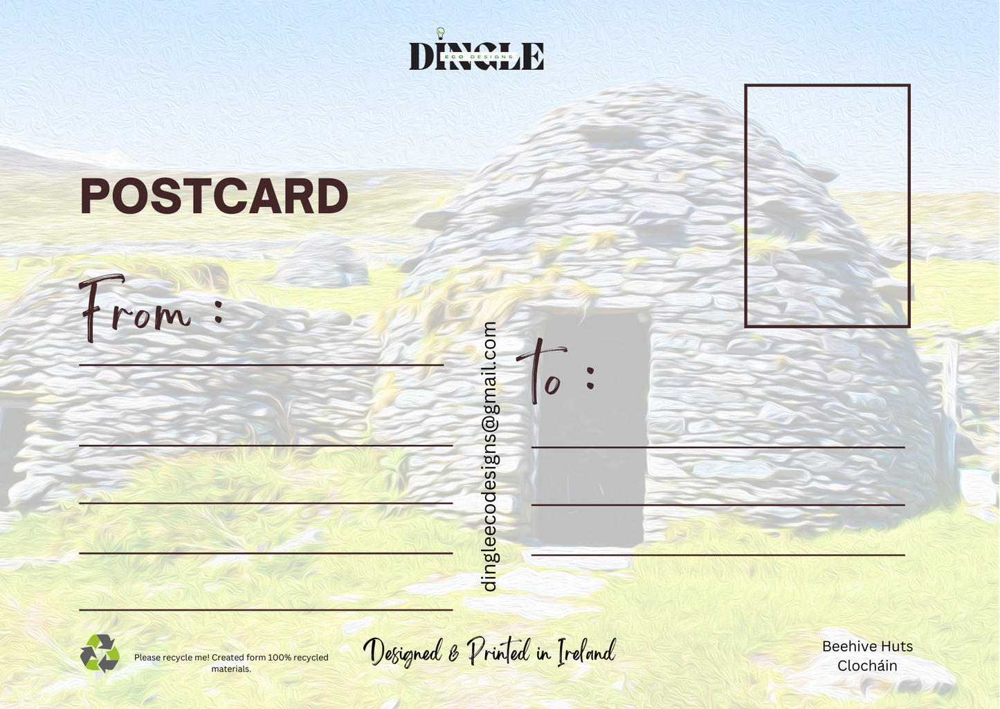 Beehive Hut Postcard – Slea Head Drive & Atlantic Views
Send a piece of Ireland’s charm with this Beehive Hut postcard, featuring the iconic stone structure set against the breathtaking Atlantic Ocean along the Slea Head Drive.
🌊 Stunning Landscape: Celebrate the rugged beauty of the Wild Atlantic Way.
🇮🇪 Dingle Heritage: Designed with inspiration from Ireland’s rich history.
🌿 Eco-Friendly: Printed on 100% recycled paper.