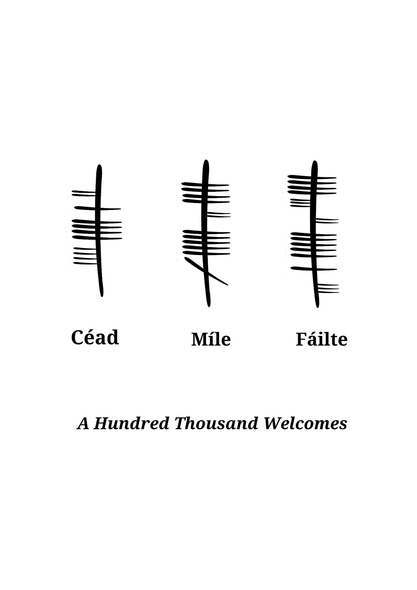 A Hundred Thousand Welcomes – Ogham Script Poster
Invite the warm spirit of Ireland into your home with our “A Hundred Thousand Welcomes” poster, featuring the iconic phrase in ancient ogham script. A symbol of Irish hospitality and charm, this design offers a heartfelt embrace from Ireland’s rich history and culture.
Beautifully rendered “A Hundred Thousand Welcomes” in ogham script 🇮🇪
Classic black text on a clean white background, highlighting the ancient writing style ✨