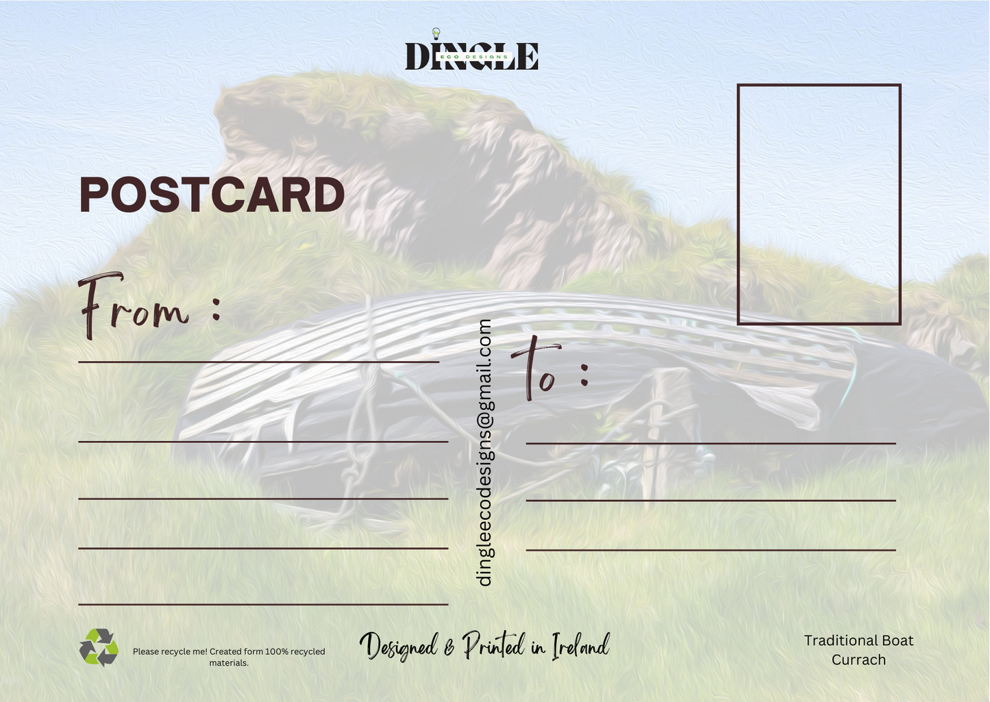 Curragh at Muiríoch Postcard – Timeless Coastal Charm
Capture the essence of Ireland's maritime heritage with this beautiful postcard featuring a traditional curragh near Muiríoch. Set against the stunning backdrop of the Dingle Peninsula, it celebrates the connection between the land and sea.
🌊 Authentic Design: Showcasing a traditional Irish curragh in a scenic coastal setting.
♻️ Eco-Friendly: Printed on 100% recycled paper for sustainable gifting.