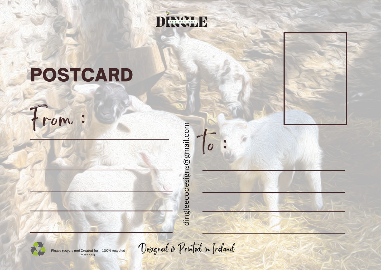 Whether you're sending a note to a friend or keeping a memento from the Dingle Peninsula, this playful postcard of three mischievous lambs is a reminder of the carefree charm of Dingle 🐑.
It’s more than just a postcard – it’s a piece of eco-friendly Irish art that captures the essence of the Wild Atlantic Way.This playful design of mischievous lambs is the perfect gift for those who love sustainable gifts and the spirit of Dingle 🐑💚.