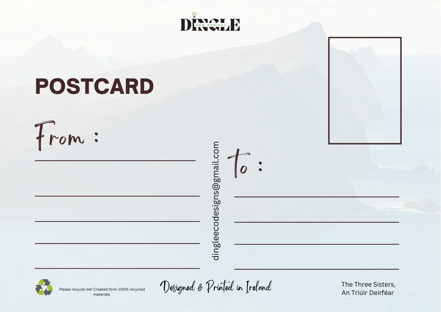 The Three Sisters Postcard – Dingle Peninsula
Celebrate the stunning beauty of the Three Sisters—Binn Hanrai, Binn Meanach, and Binn Diarmada—captured on this vibrant postcard. Located on the iconic Dingle Peninsula, these dramatic peaks rise above the Wild Atlantic, showcasing Ireland's natural charm.
Key Features:
Scenic Three Sisters postcard from the Dingle Peninsula 🏞️
Perfect for Ireland lovers, nature enthusiasts, and travel keepsakes 🌊
Printed on eco-friendly materials, promoting sustainability