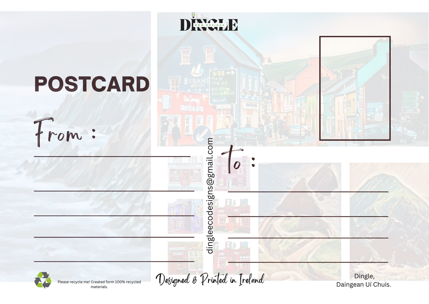 Explore the Beauty of Dingle – 5 Stunning Images
🖼️ A Vibrant Collection
This set features five bright and colorful images capturing the charm of Dingle Town, the breathtaking Dingle Peninsula, and the iconic Slea Head, all printed on eco-friendly recycled paper.
✨ Crafted by Maire Ní Laighin
Each image has been skillfully adapted, celebrating the unique beauty and spirit of Ireland’s Wild Atlantic Way.
♻️ Sustainable and Stunning
Bring a touch of Irish charm to your home or gift someone special