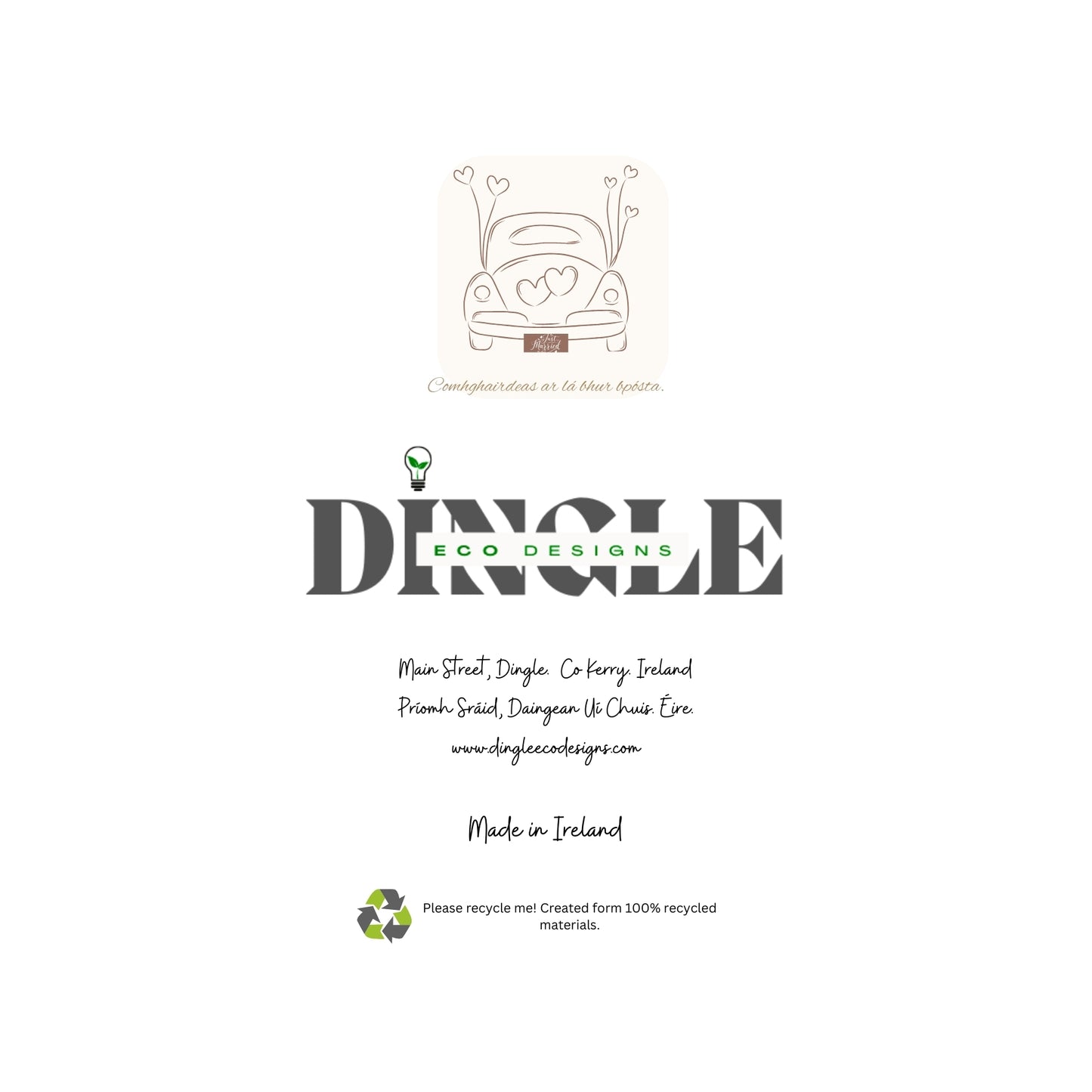 Eco-Friendly Wedding Greeting Cards - Irish Charm
Celebrate love with our eco-friendly wedding card, a vintage car, crafted from 100% recycled paper. Featuring heartfelt messages in both Irish ("Comhghairdeas") and English ("Congratulations"), each card brings a touch of Dingle's magic to your greetings.
🌿 Sustainable Design: Made with recycled paper to help protect the planet.
💚 Irish Charm: Celebrate with a bit of local Dingle beauty.